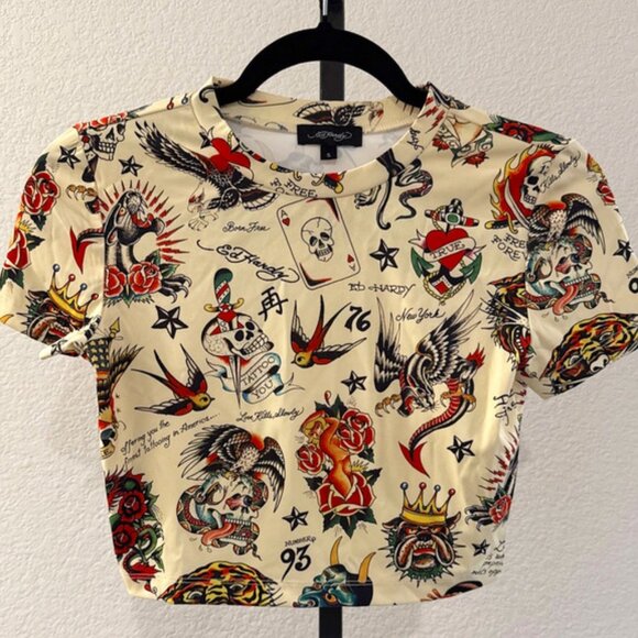 Women’s ED HARDY SKULL & ANIMAL PRINT Crop Top T Shirt/Baby Tee Size Small Y2K - Picture 1 of 8